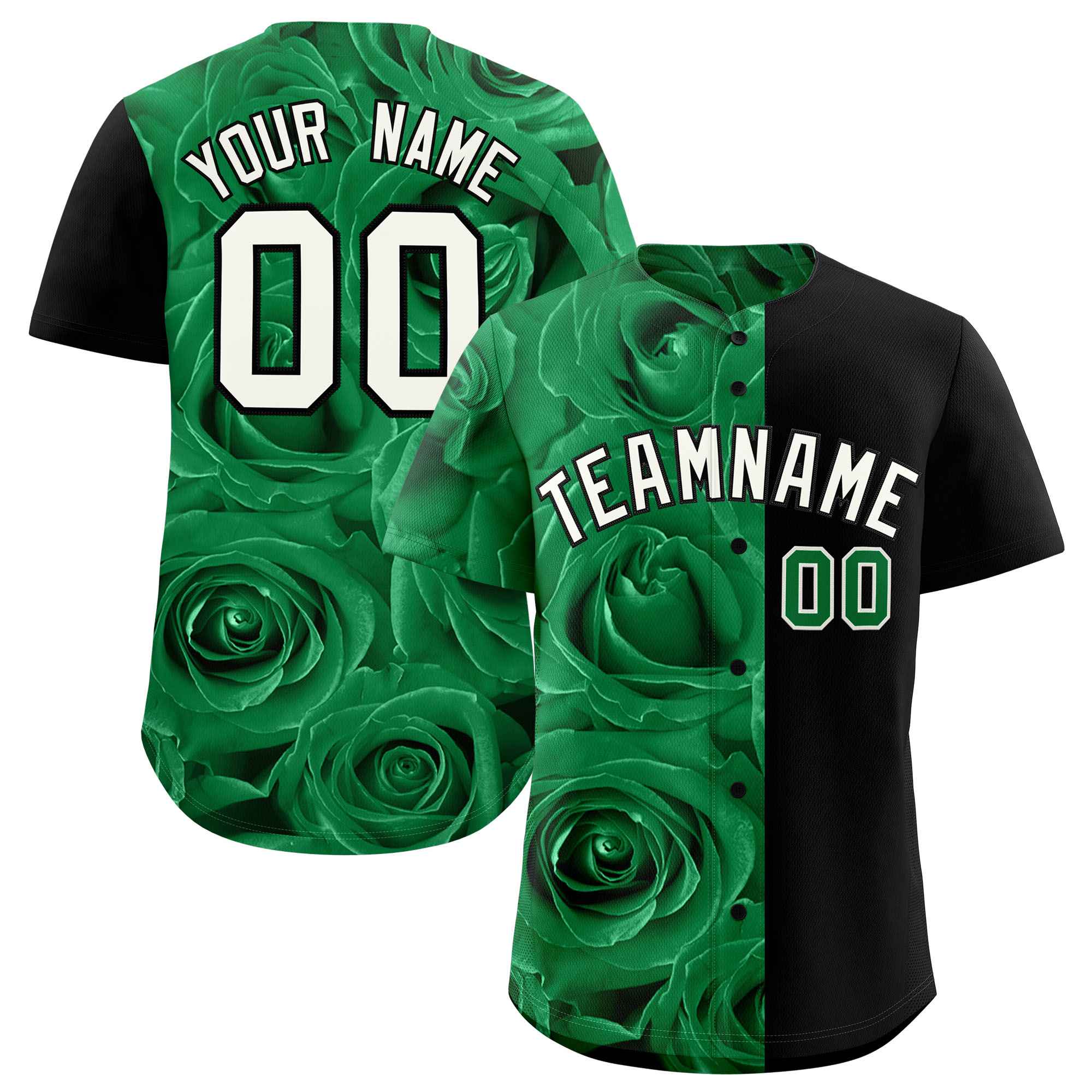 Custom Kelly Green Black Split Rose Print Authentic Baseball Jersey| KXKSHOP