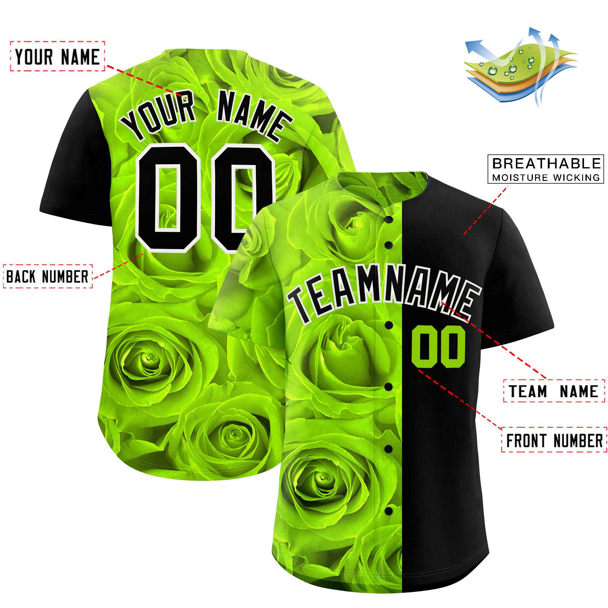 Custom Neon Green Black Split Rose Print Authentic Baseball Jersey| KXKSHOP