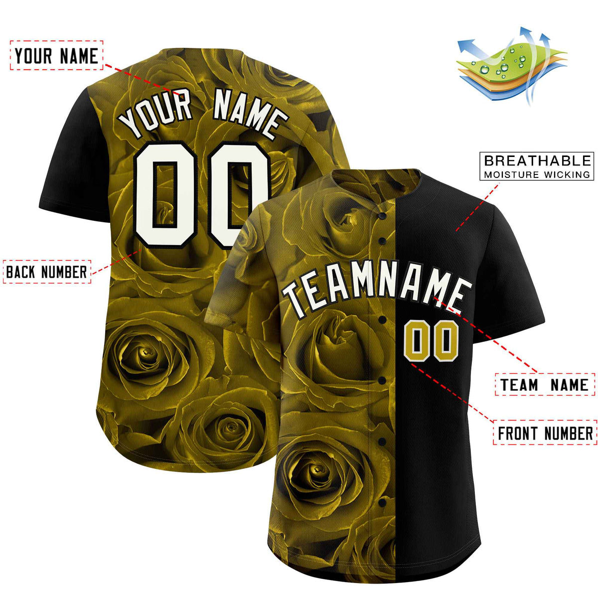 Custom Old Gold Black Split Rose Print Authentic Baseball Jersey| KXKSHOP