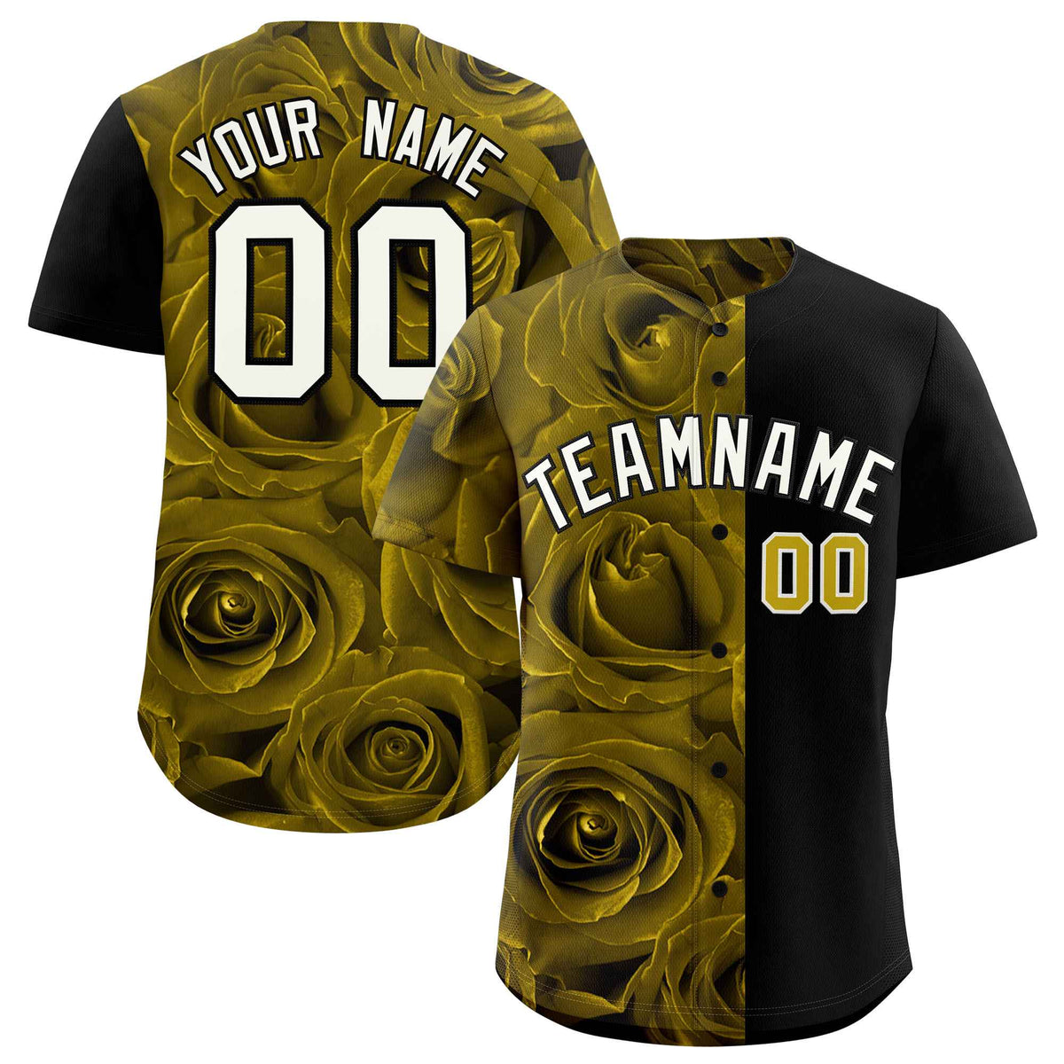 Custom Old Gold Black Split Rose Print Authentic Baseball Jersey| KXKSHOP