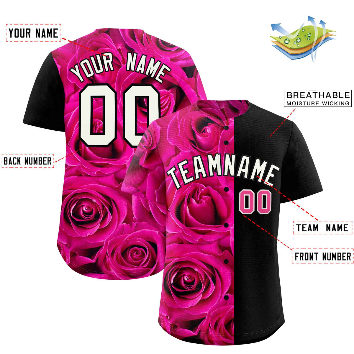 Custom Pink Black Split Rose Print Authentic Baseball Jersey| KXKSHOP