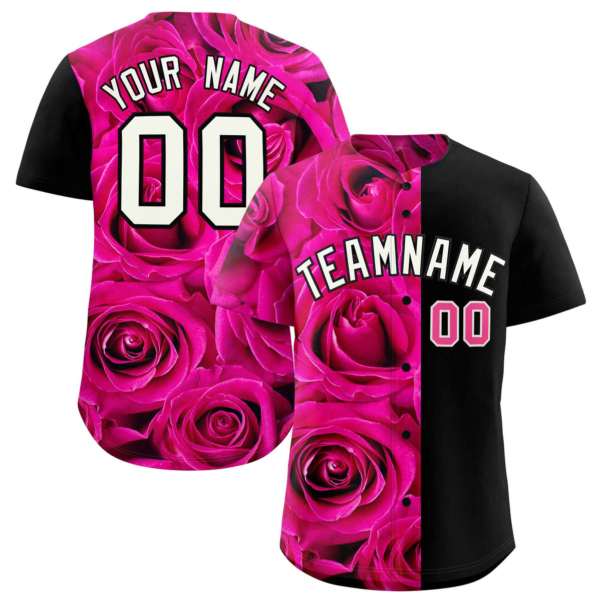 Custom Pink Black Split Rose Print Authentic Baseball Jersey| KXKSHOP