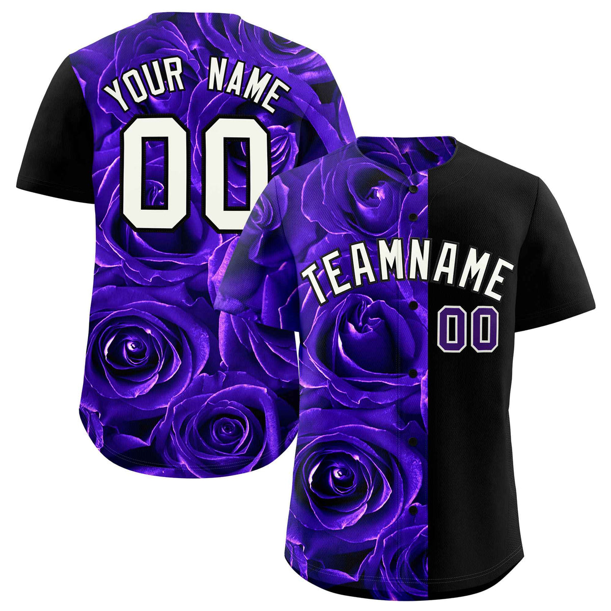 Custom Purple Black Split Rose Print Authentic Baseball Jersey| KXKSHOP