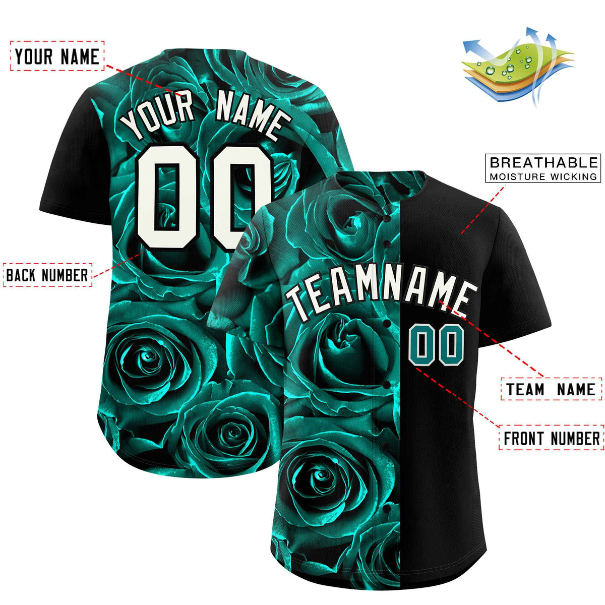 Custom Aqua Black Split Rose Print Authentic Baseball Jersey| KXKSHOP