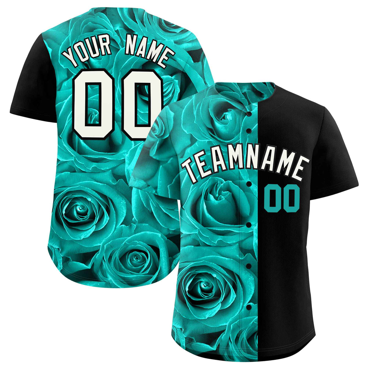 Custom Bright Green Black Split Rose Print Authentic Baseball Jersey| KXKSHOP