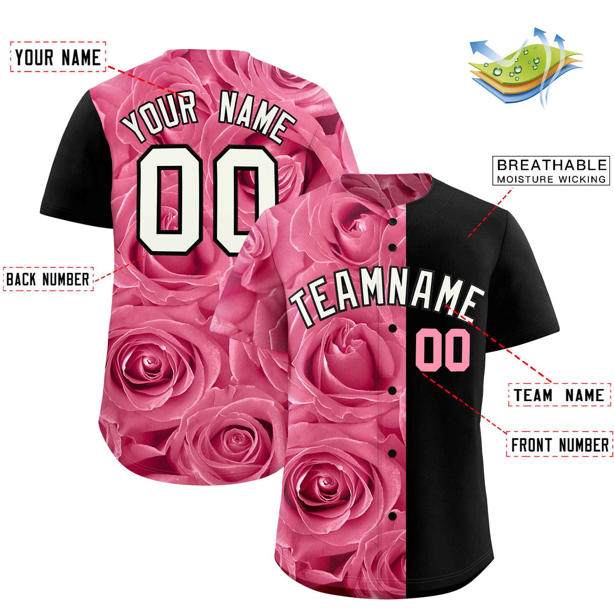 Custom Light Pink Black Split Rose Print Authentic Baseball Jersey| KXKSHOP
