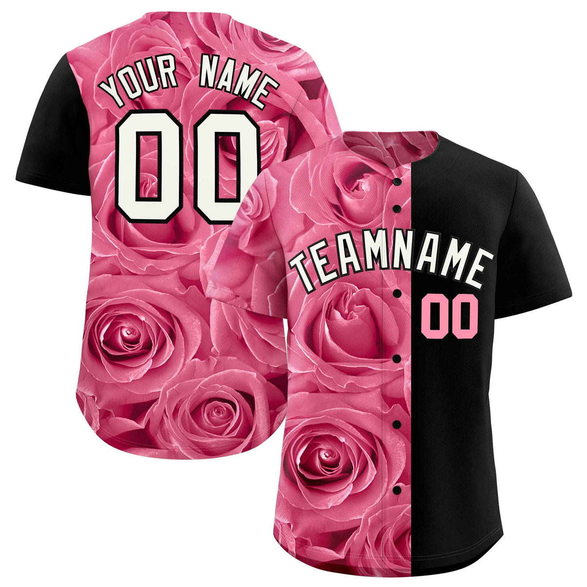 Custom Light Pink Black Split Rose Print Authentic Baseball Jersey| KXKSHOP