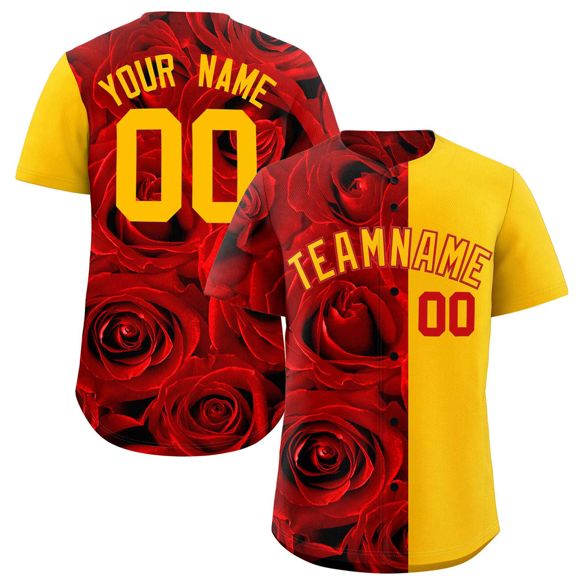 Custom Red Yellow Split Rose Print Authentic Baseball Jersey| KXKSHOP