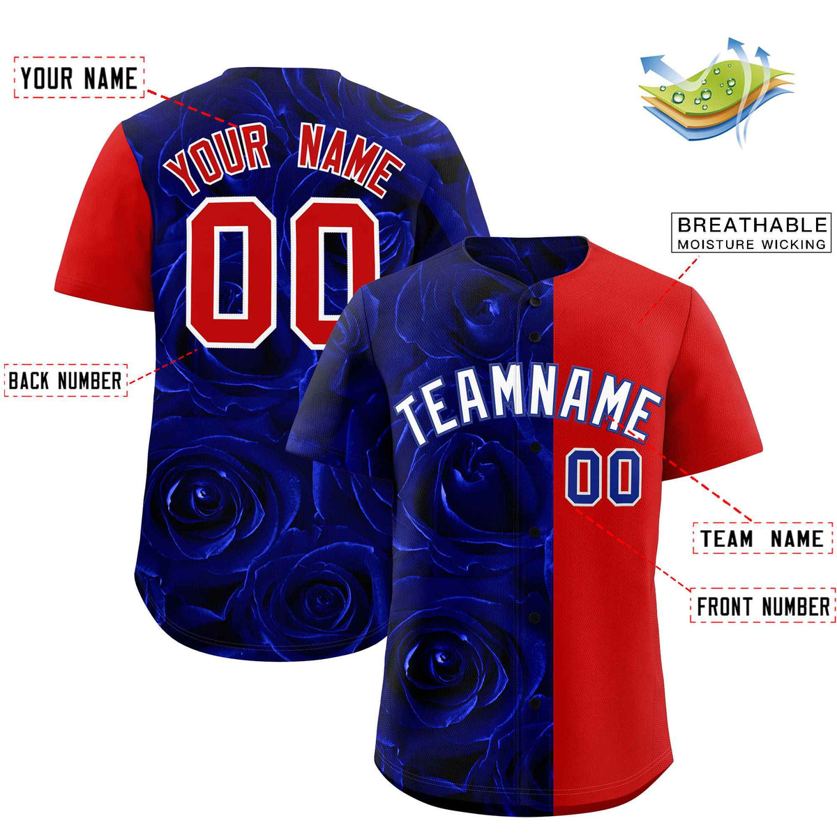 Custom Royal Red Split Rose Print Authentic Baseball Jersey| KXKSHOP