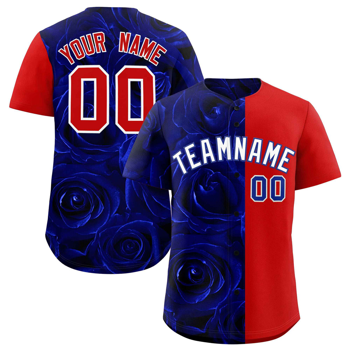 Custom Royal Red Split Rose Print Authentic Baseball Jersey| KXKSHOP