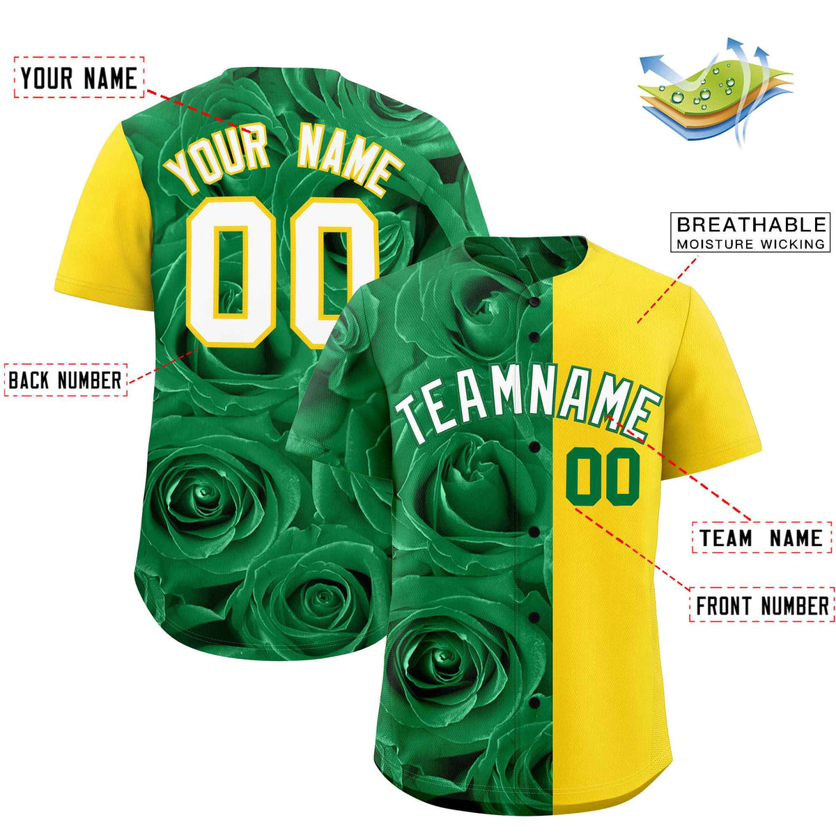 Custom Kelly Green Gold Split Rose Print Authentic Baseball Jersey| KXKSHOP