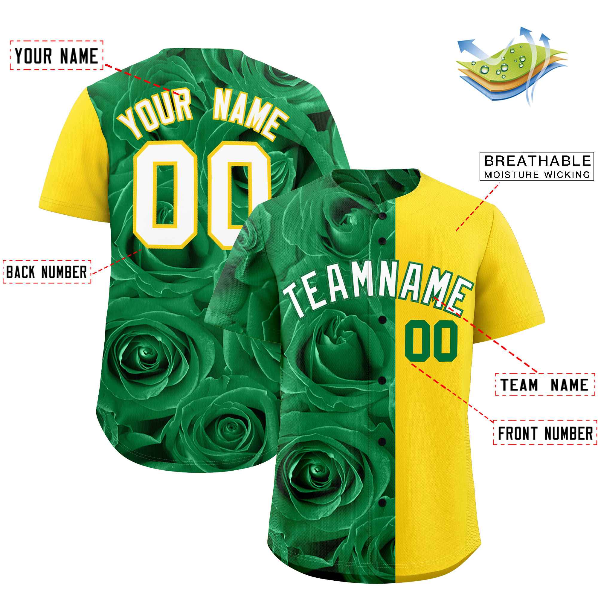 Custom Kelly Green Gold Split Rose Print Authentic Baseball Jersey| KXKSHOP