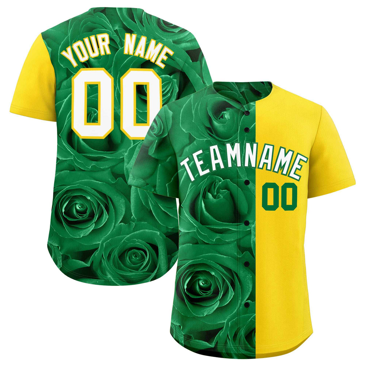 Custom Kelly Green Gold Split Rose Print Authentic Baseball Jersey| KXKSHOP