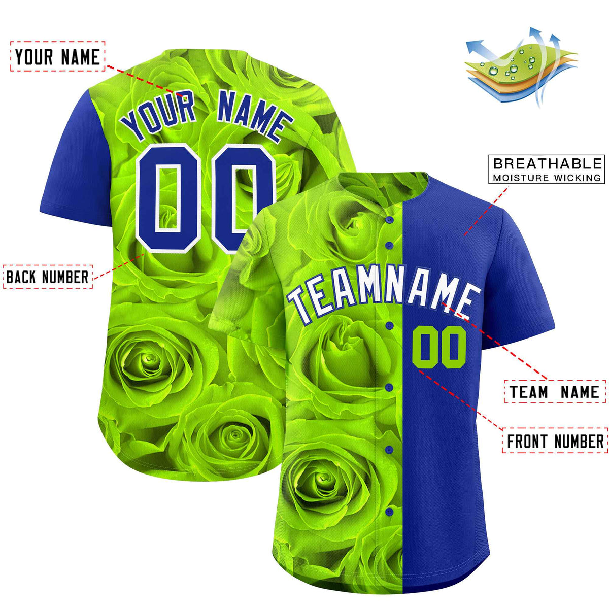 Custom Neon Green Royal Split Rose Print Authentic Baseball Jersey| KXKSHOP