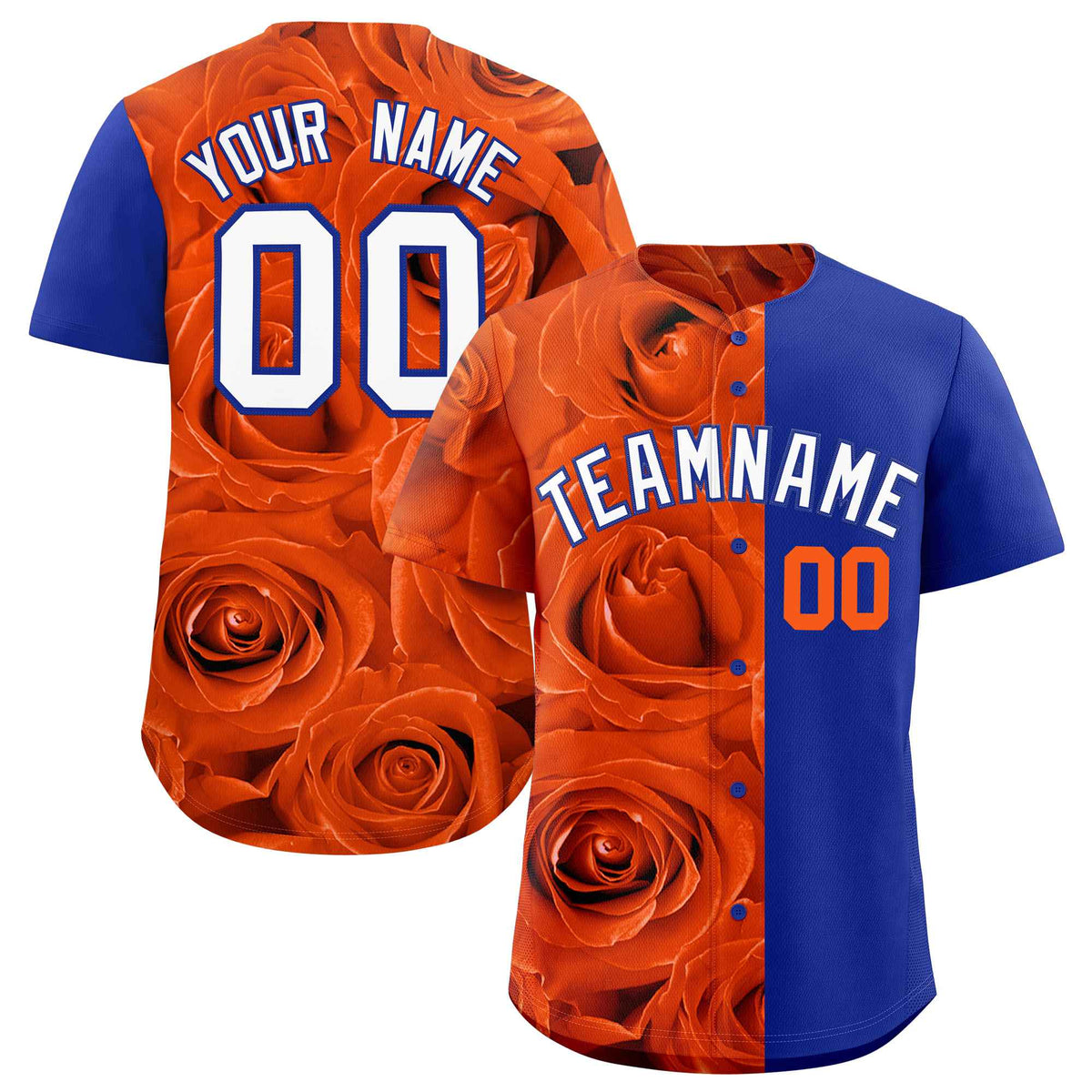 Custom Orange Royal Split Rose Print Authentic Baseball Jersey| KXKSHOP