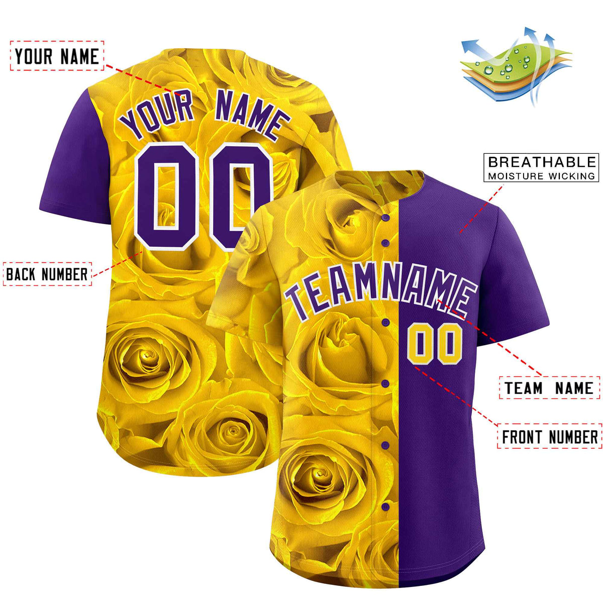 Custom Gold Purple Split Rose Print Authentic Baseball Jersey| KXKSHOP