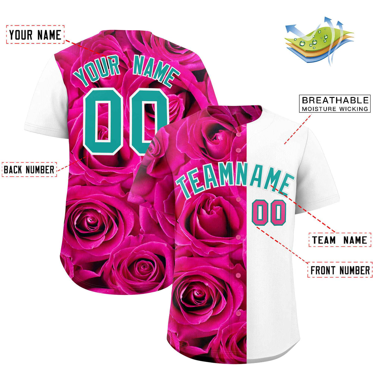 Custom Pink White Split Rose Print Authentic Baseball Jersey| KXKSHOP