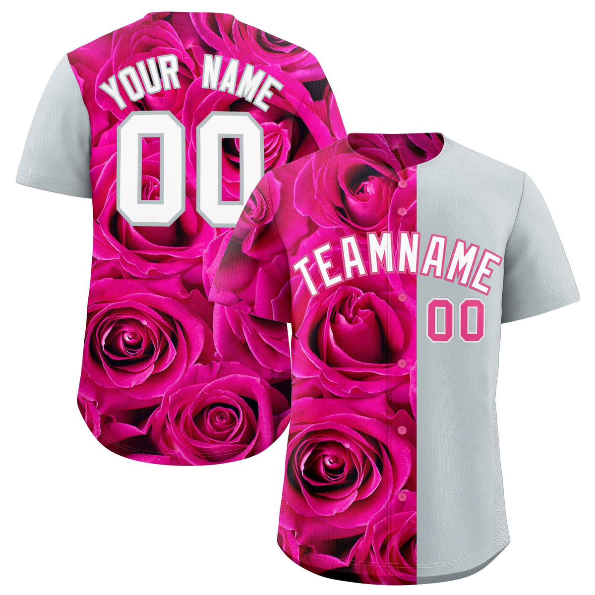 Custom Pink Silver Split Rose Print Authentic Baseball Jersey| KXKSHOP