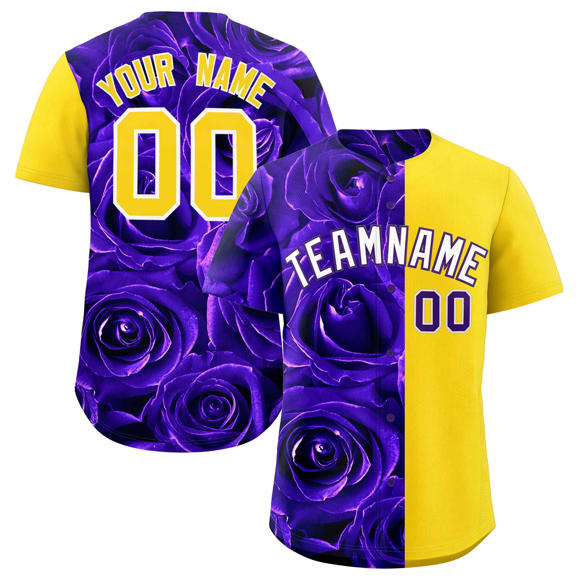 Custom Purple Gold Split Rose Print Authentic Baseball Jersey| KXKSHOP