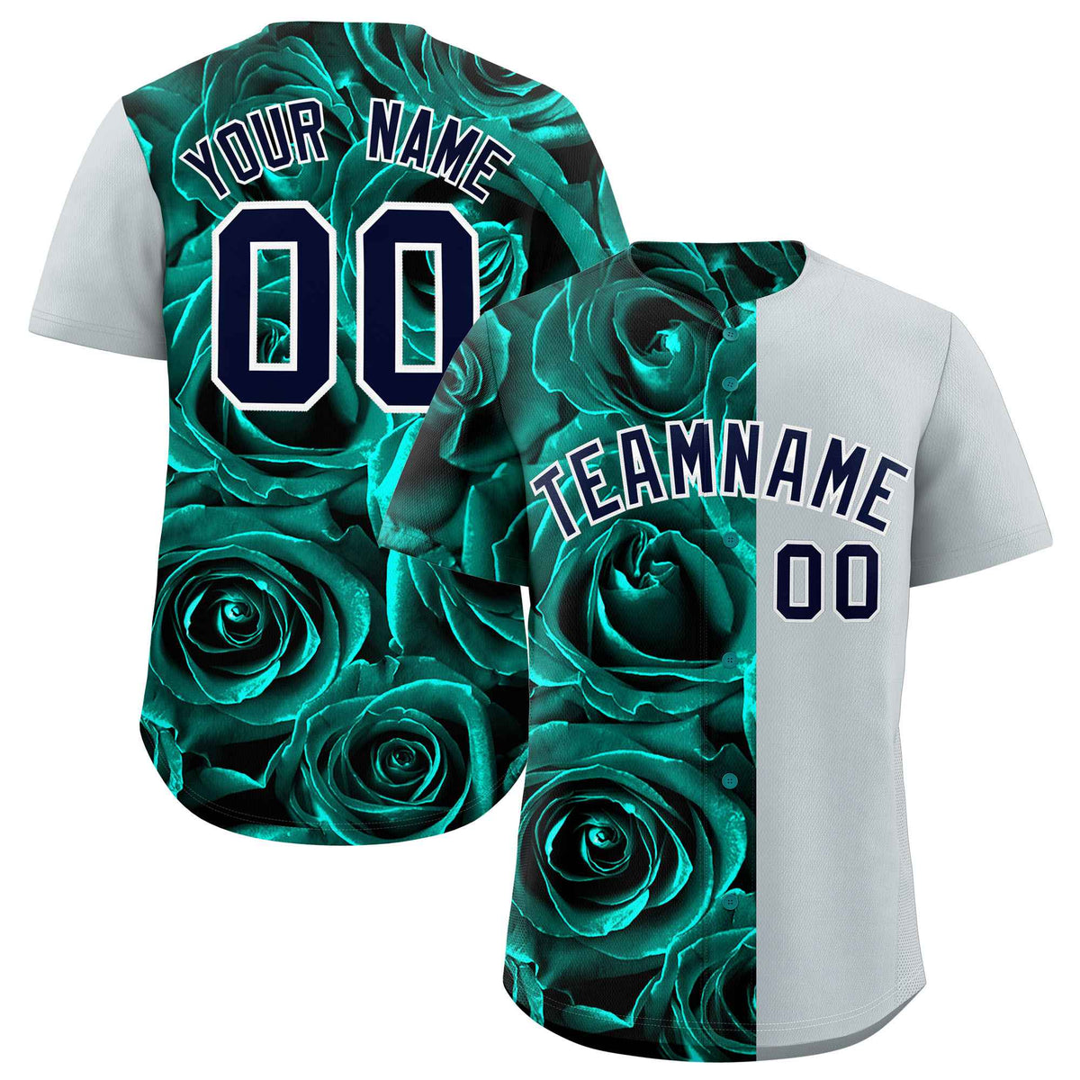 Custom Aqua Silver Split Rose Print Authentic Baseball Jersey| KXKSHOP