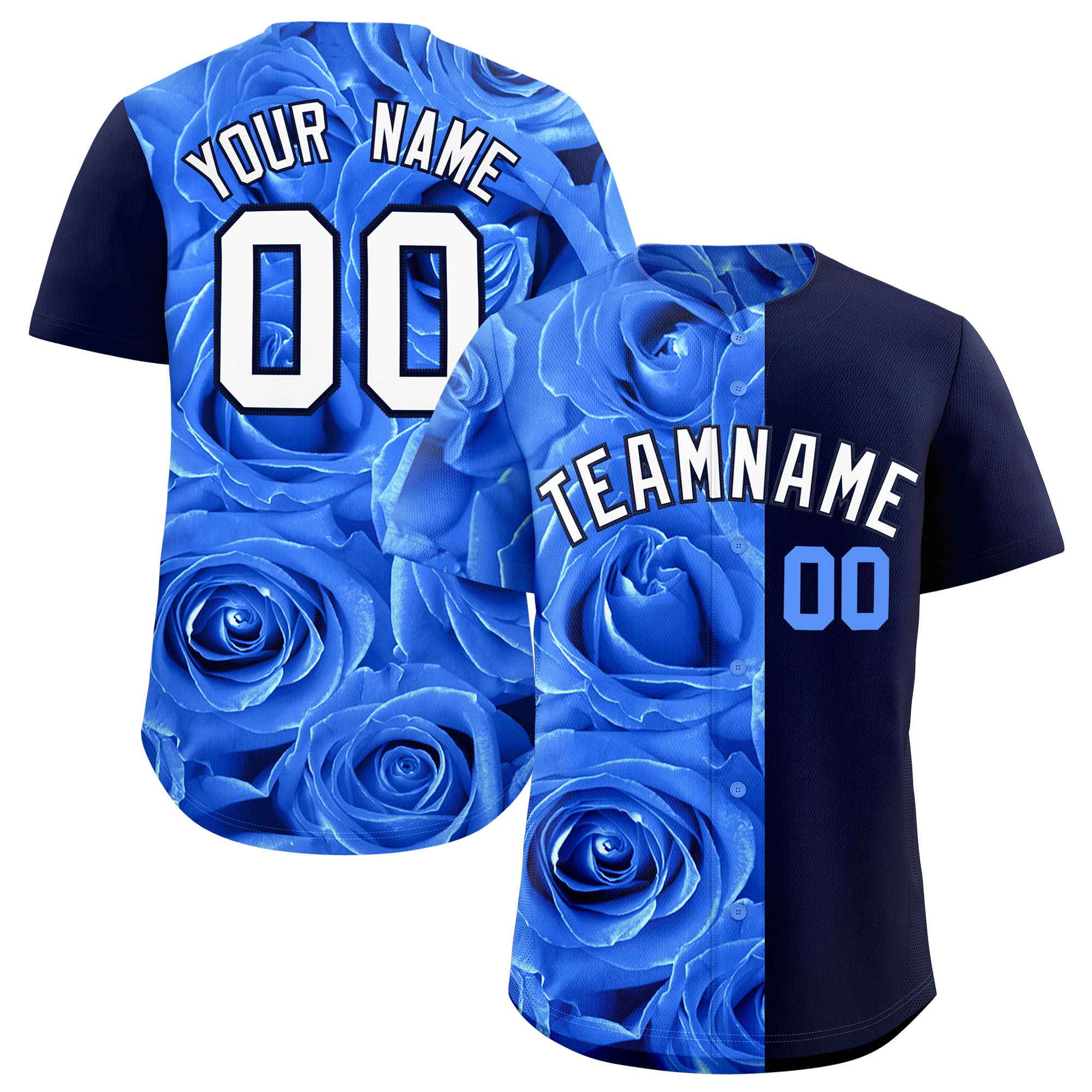 Custom Powder Blue Navy Split Rose Print Authentic Baseball Jersey| KXKSHOP