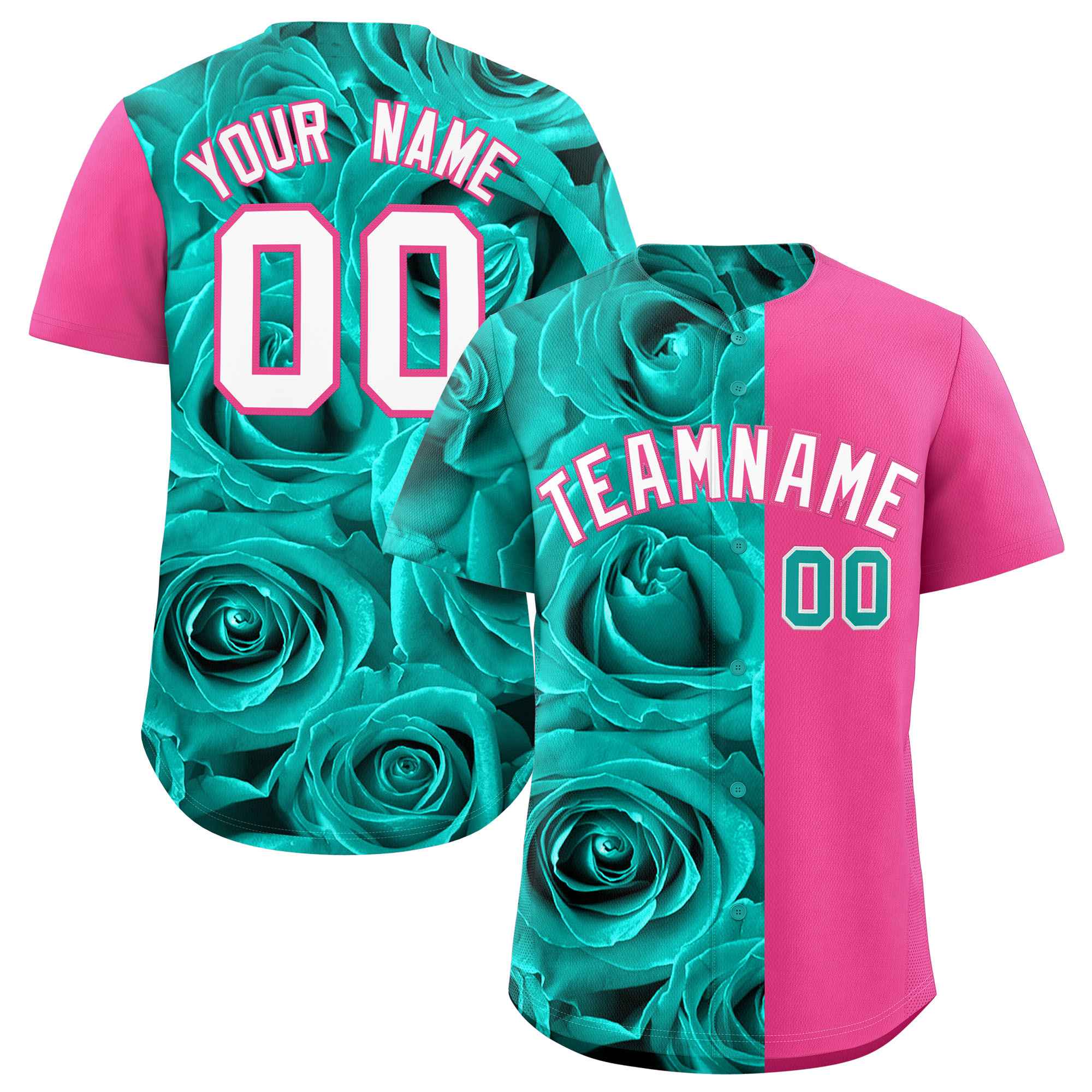 Custom Aqua Pink Split Rose Print Authentic Baseball Jersey| KXKSHOP