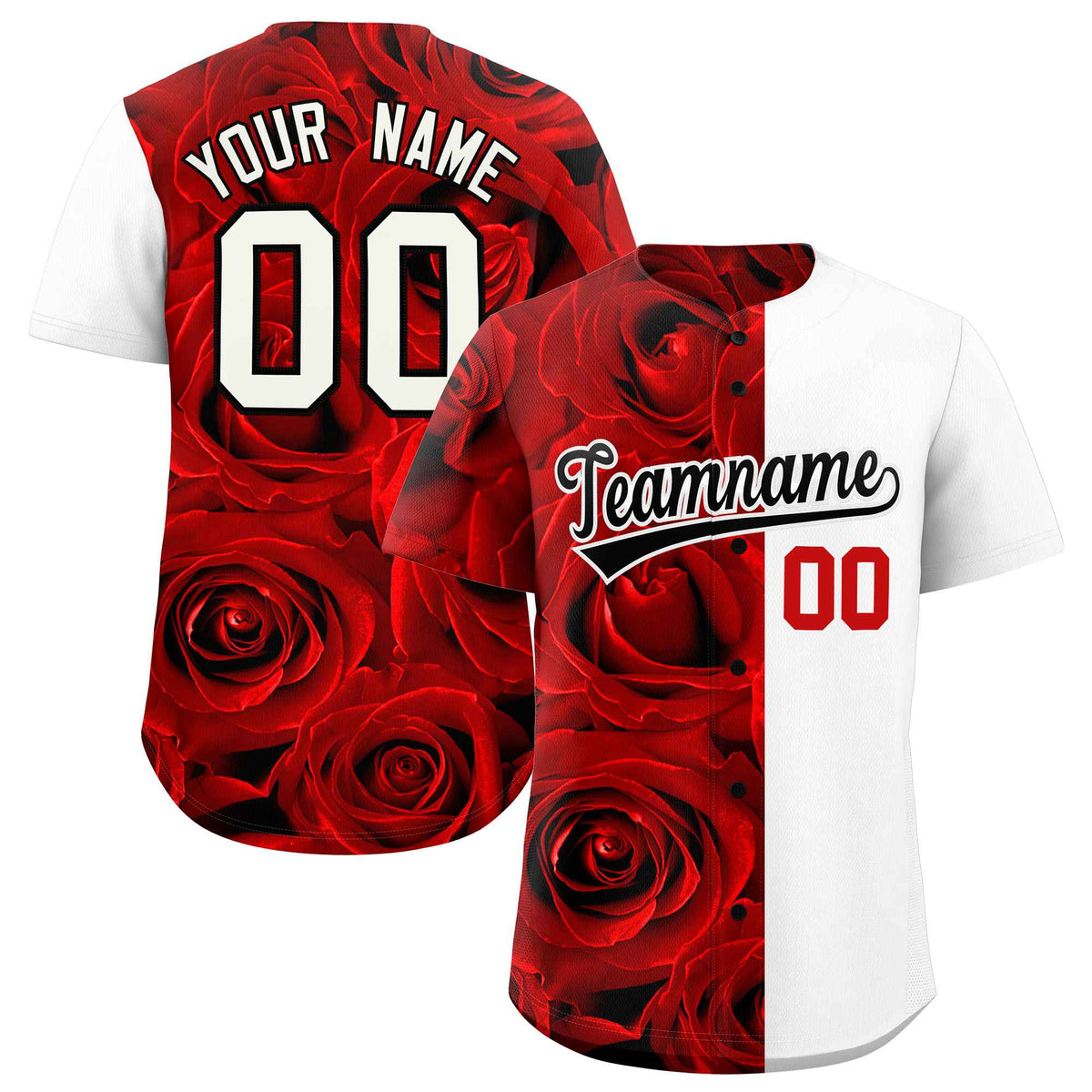 Custom Red White Split Rose Print Authentic Baseball Jersey| KXKSHOP