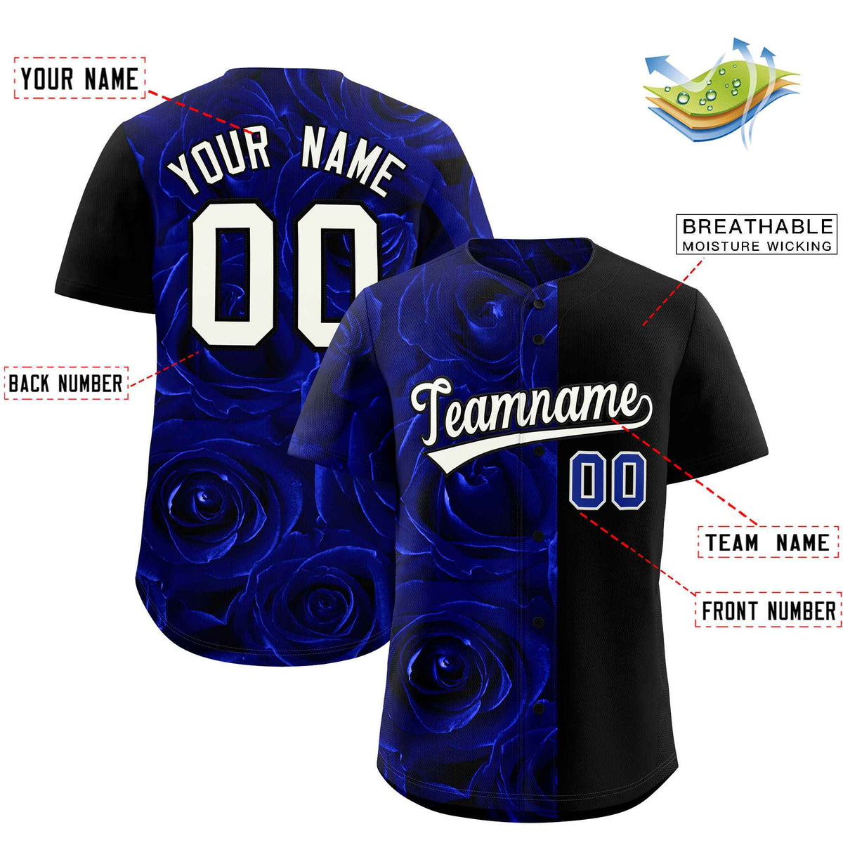 Custom Royal Black Split Rose Print Authentic Baseball Jersey| KXKSHOP