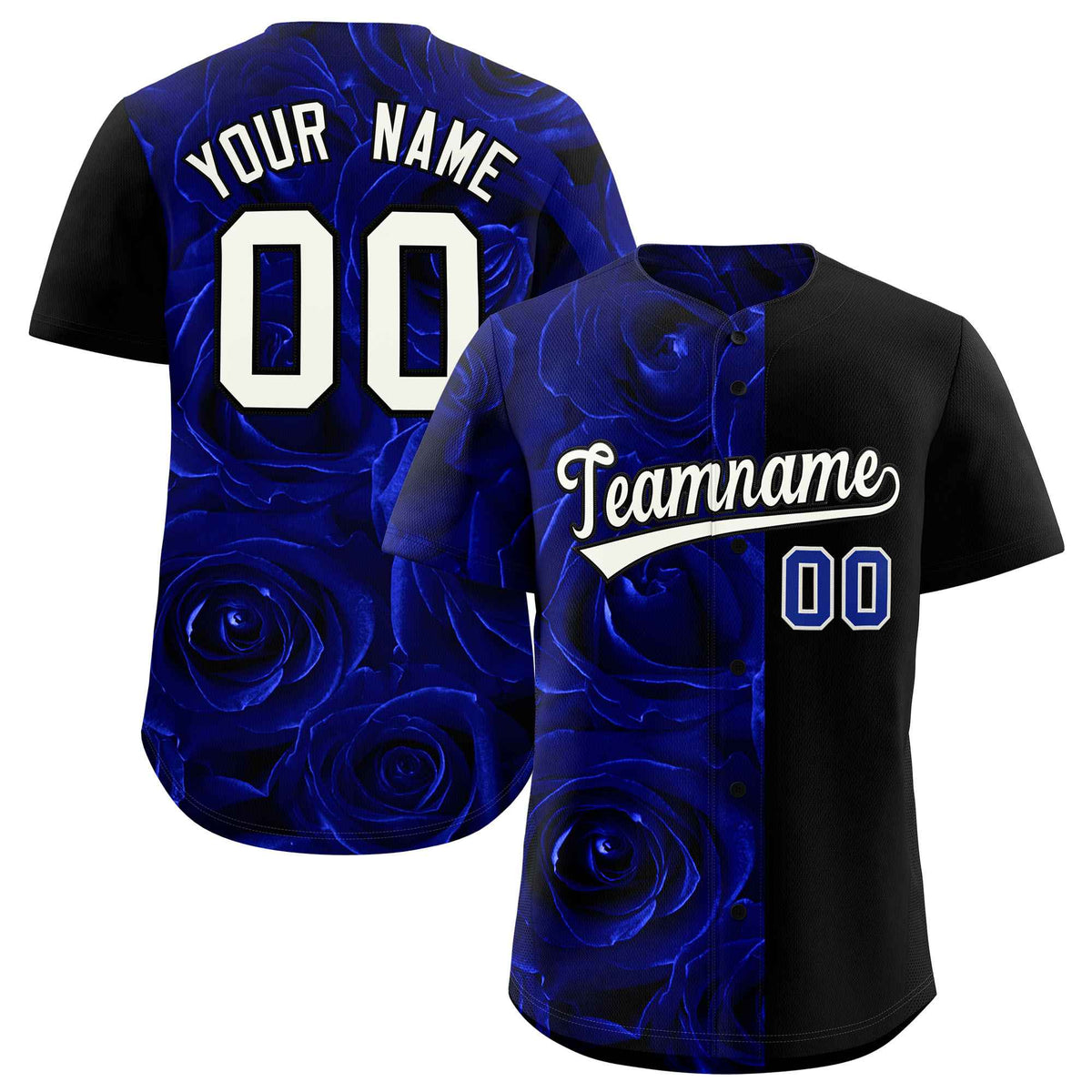 Custom Royal Black Split Rose Print Authentic Baseball Jersey| KXKSHOP