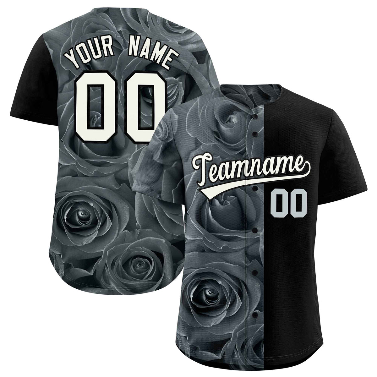 Custom Silver Black Split Rose Print Authentic Baseball Jersey| KXKSHOP