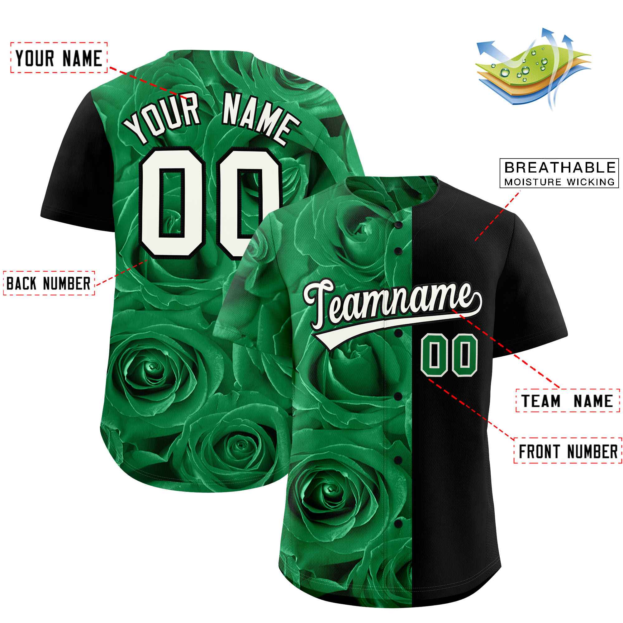 Custom Kelly Green Black Split Rose Print Authentic Baseball Jersey| KXKSHOP