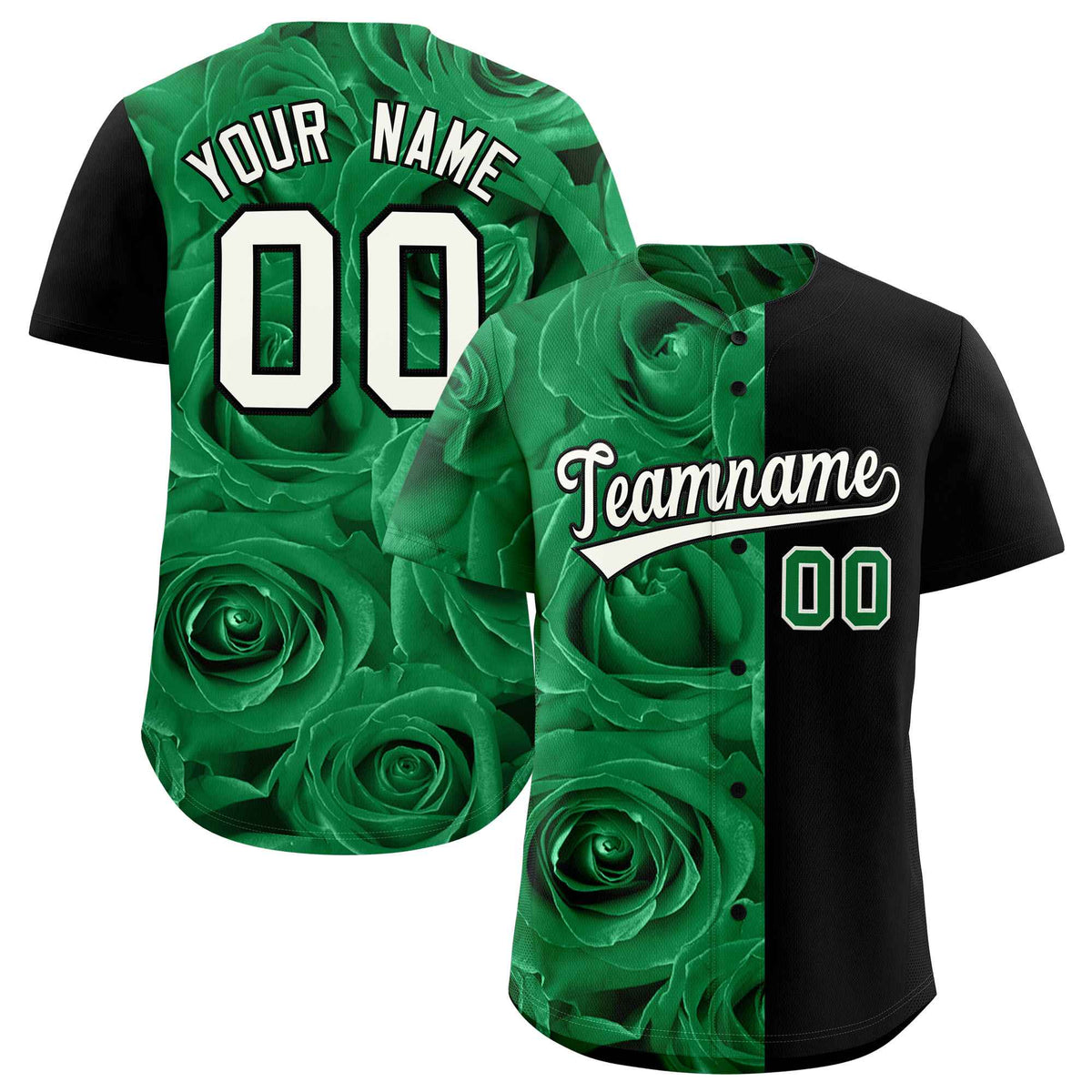 Custom Kelly Green Black Split Rose Print Authentic Baseball Jersey| KXKSHOP