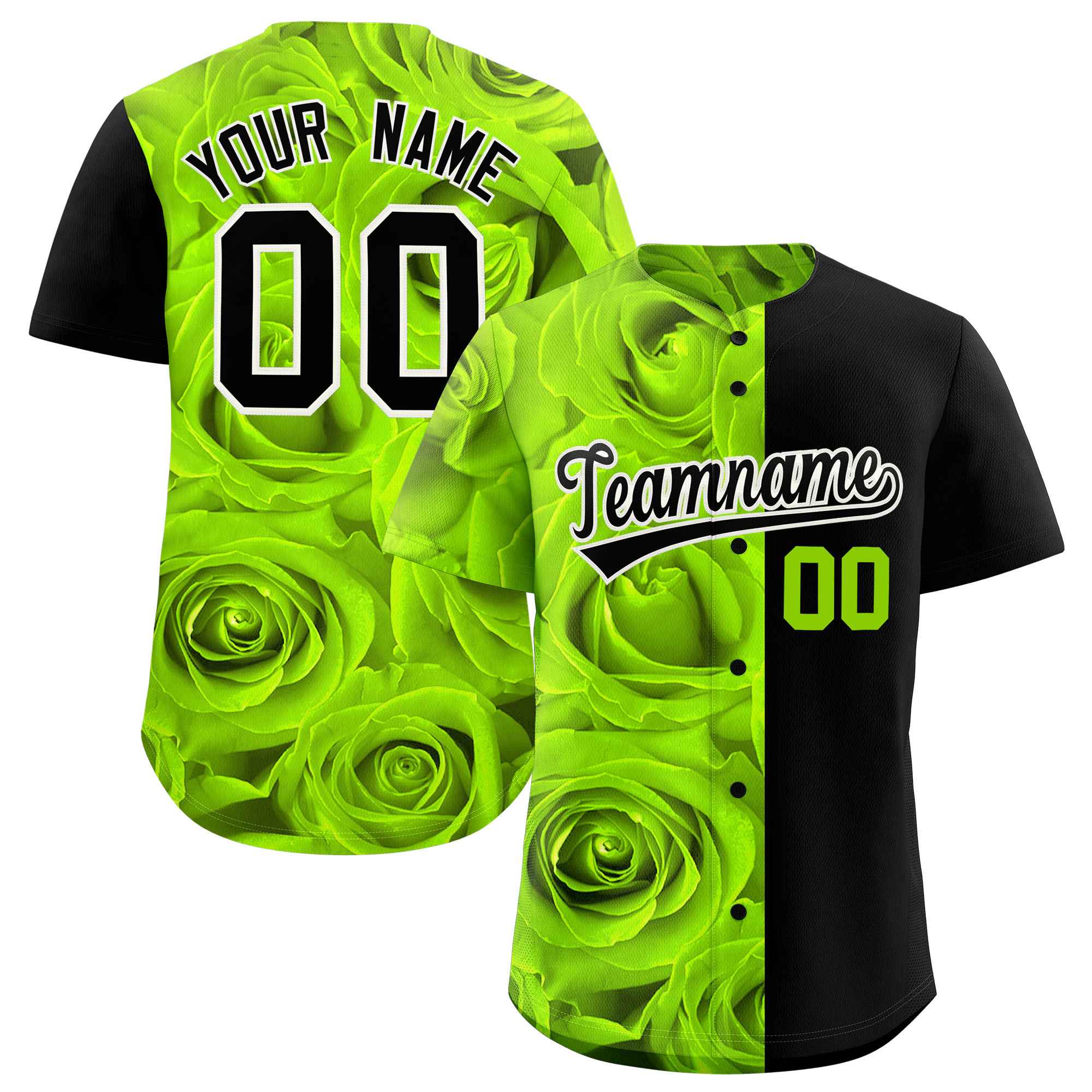 Custom Neon Green Black Split Rose Print Authentic Baseball Jersey| KXKSHOP