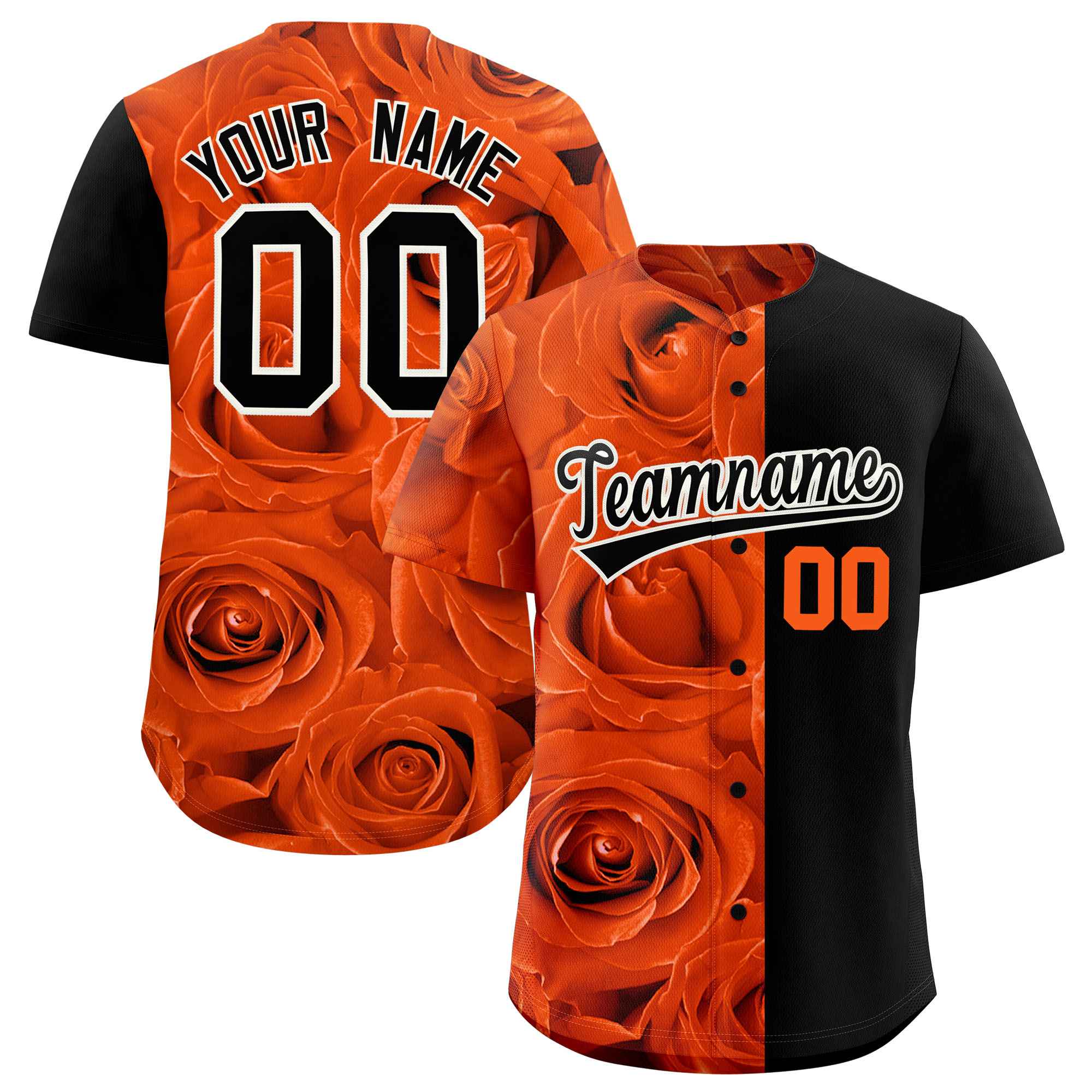 Custom Orange Black Split Rose Print Authentic Baseball Jersey| KXKSHOP