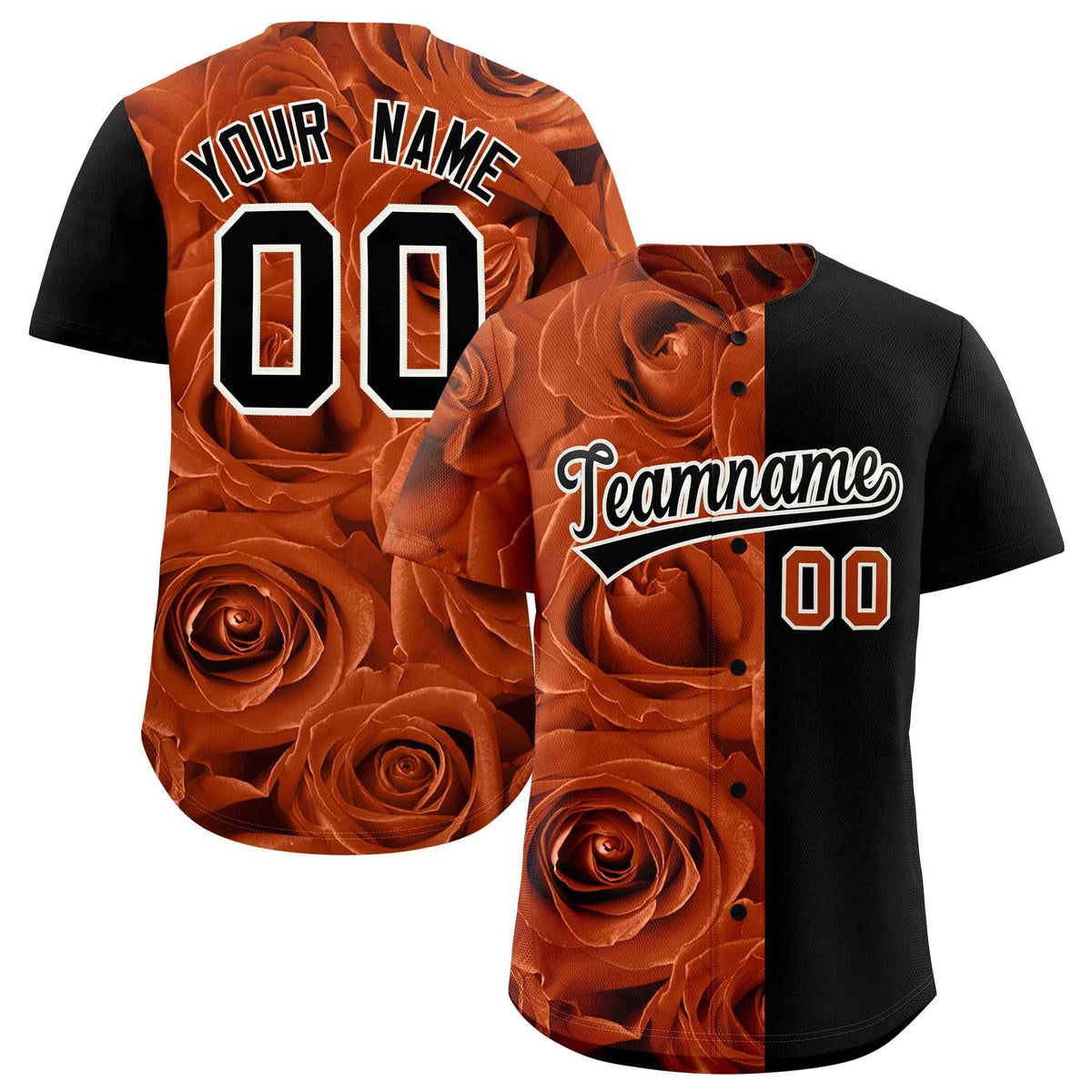 Custom Texas Orange Black Split Rose Print Authentic Baseball Jersey| KXKSHOP