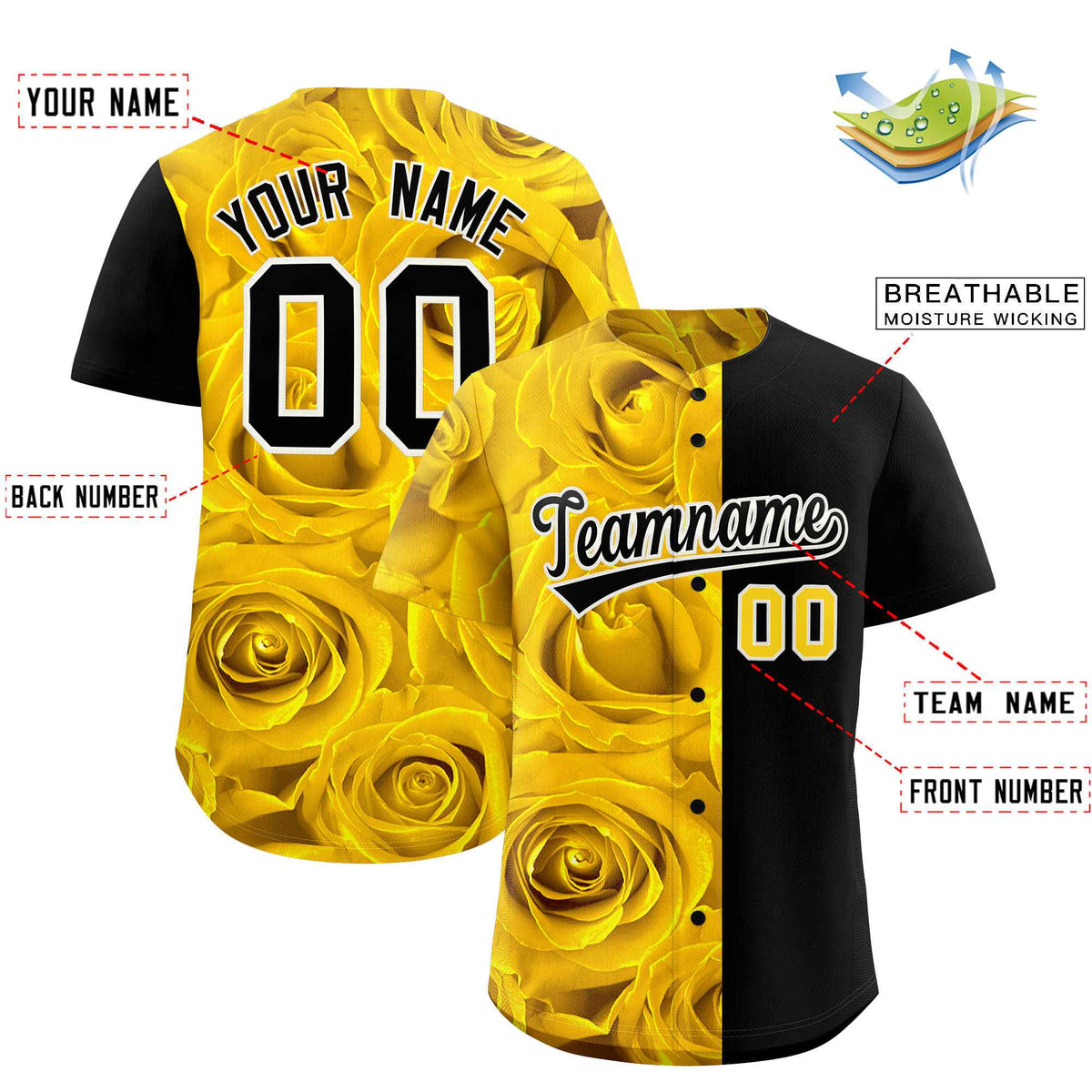 Custom Gold Black Split Rose Print Authentic Baseball Jersey| KXKSHOP