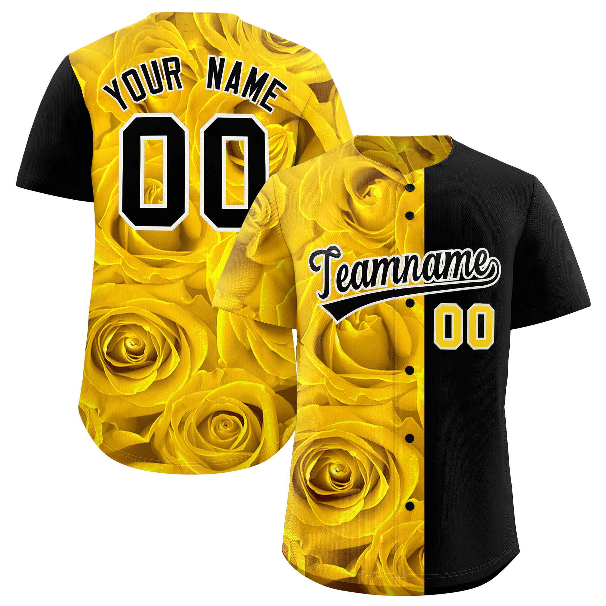 Custom Gold Black Split Rose Print Authentic Baseball Jersey| KXKSHOP