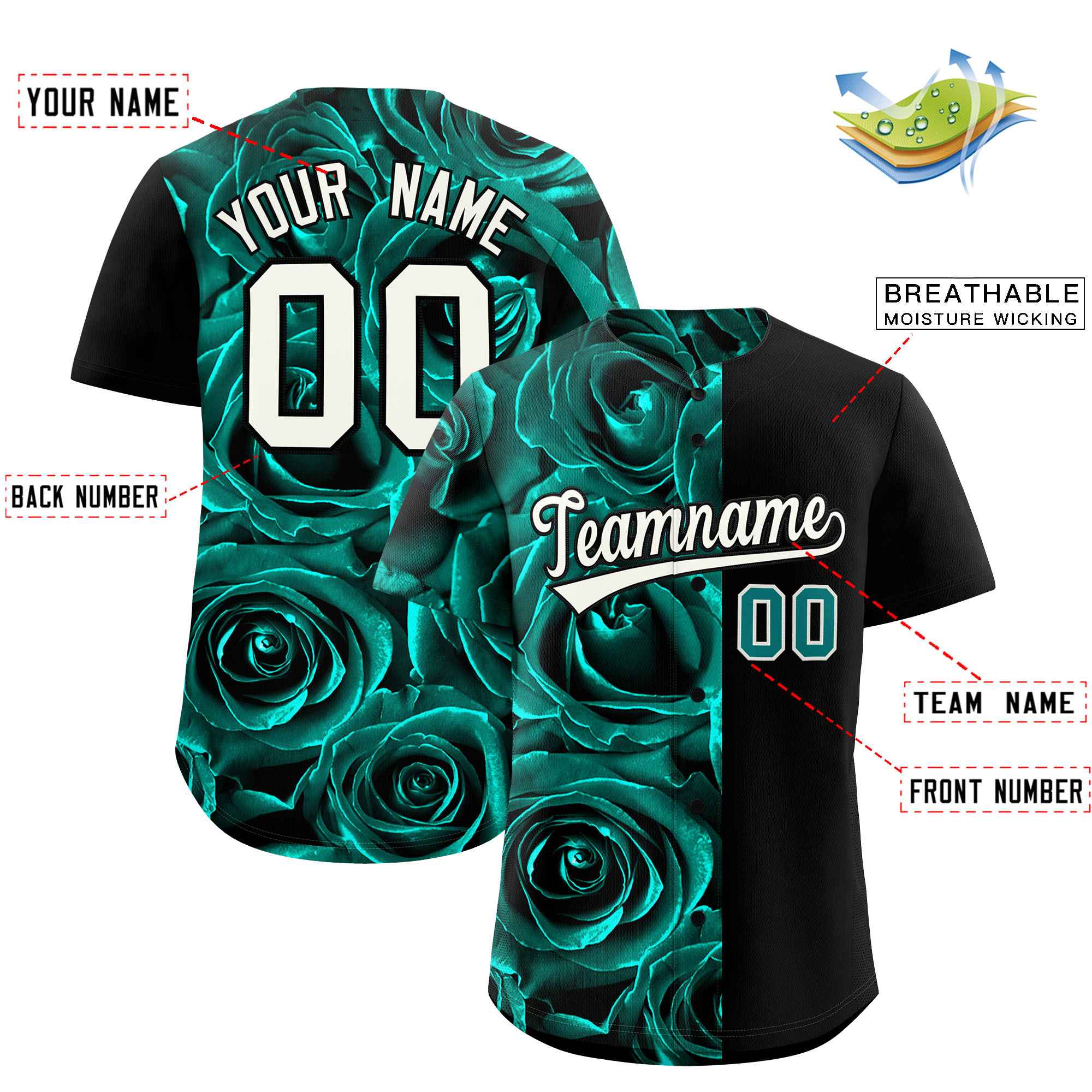 Custom Aqua Black Split Rose Print Authentic Baseball Jersey| KXKSHOP