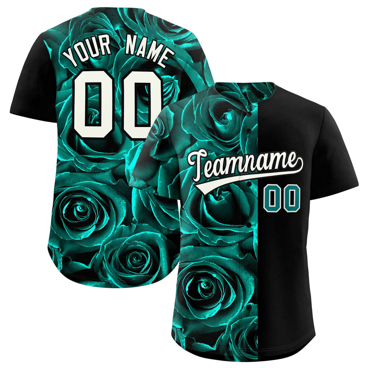 Custom Aqua Black Split Rose Print Authentic Baseball Jersey| KXKSHOP