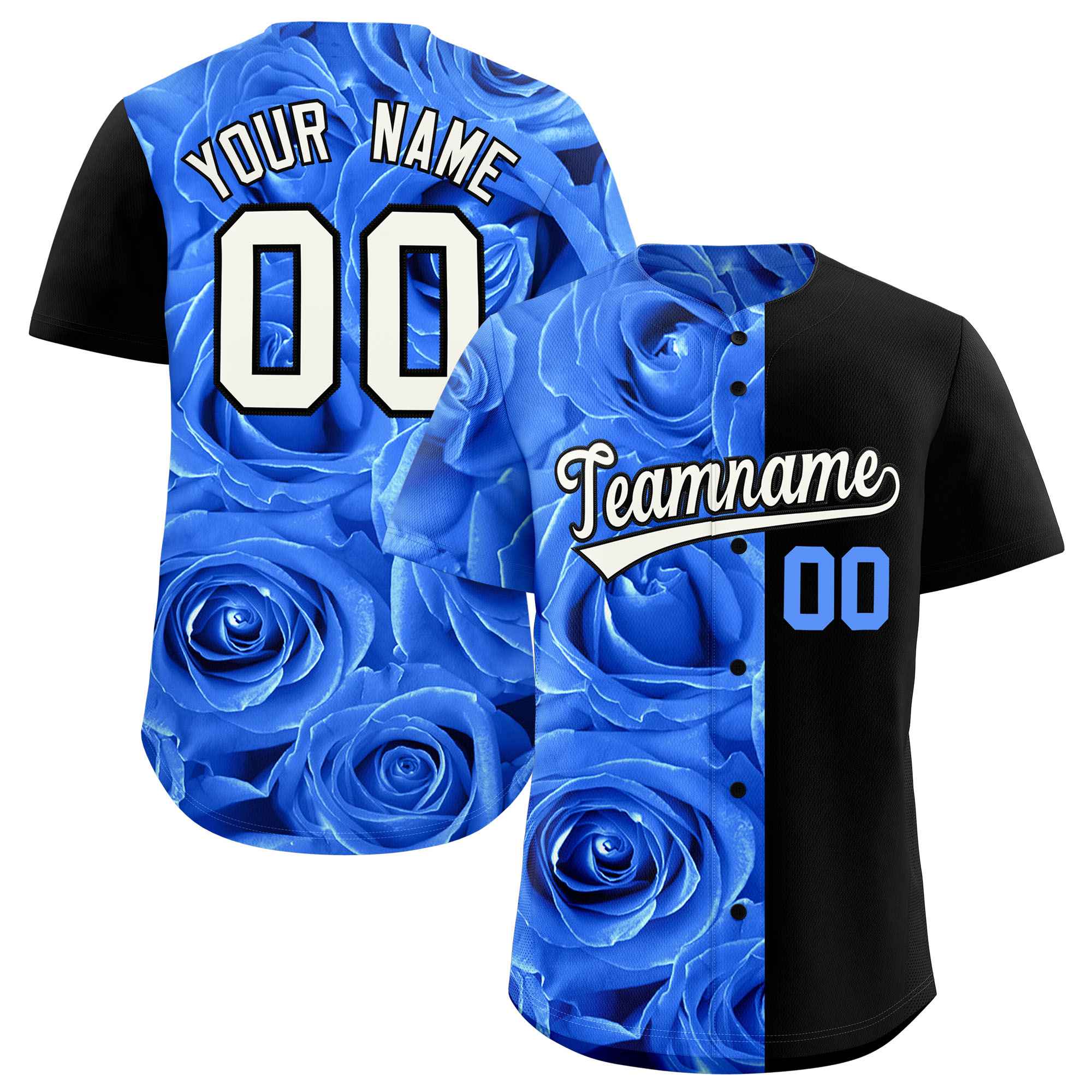 Custom Powder Blue Black Split Rose Print Authentic Baseball Jersey| KXKSHOP