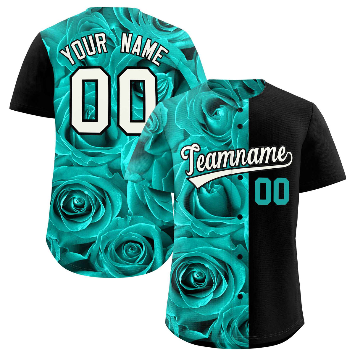 Custom Bright Green Black Split Rose Print Authentic Baseball Jersey| KXKSHOP