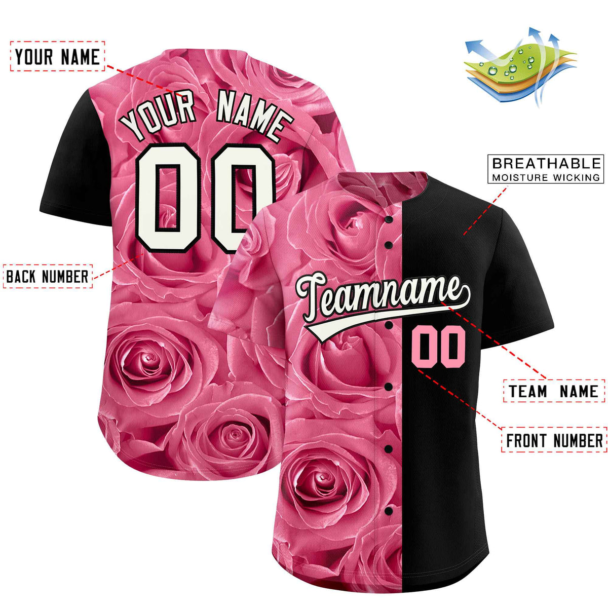 Custom Light Pink Black Split Rose Print Authentic Baseball Jersey| KXKSHOP