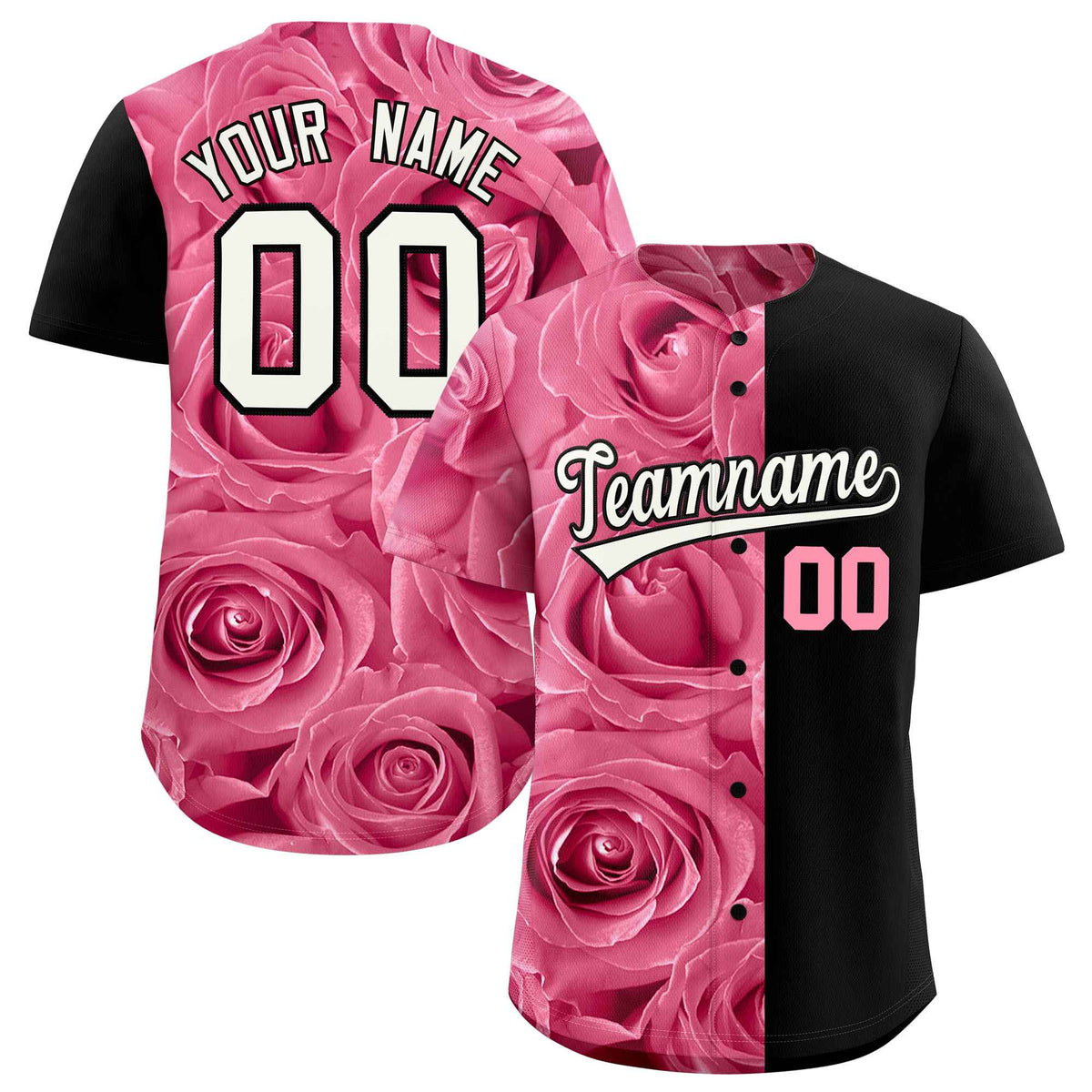 Custom Light Pink Black Split Rose Print Authentic Baseball Jersey| KXKSHOP