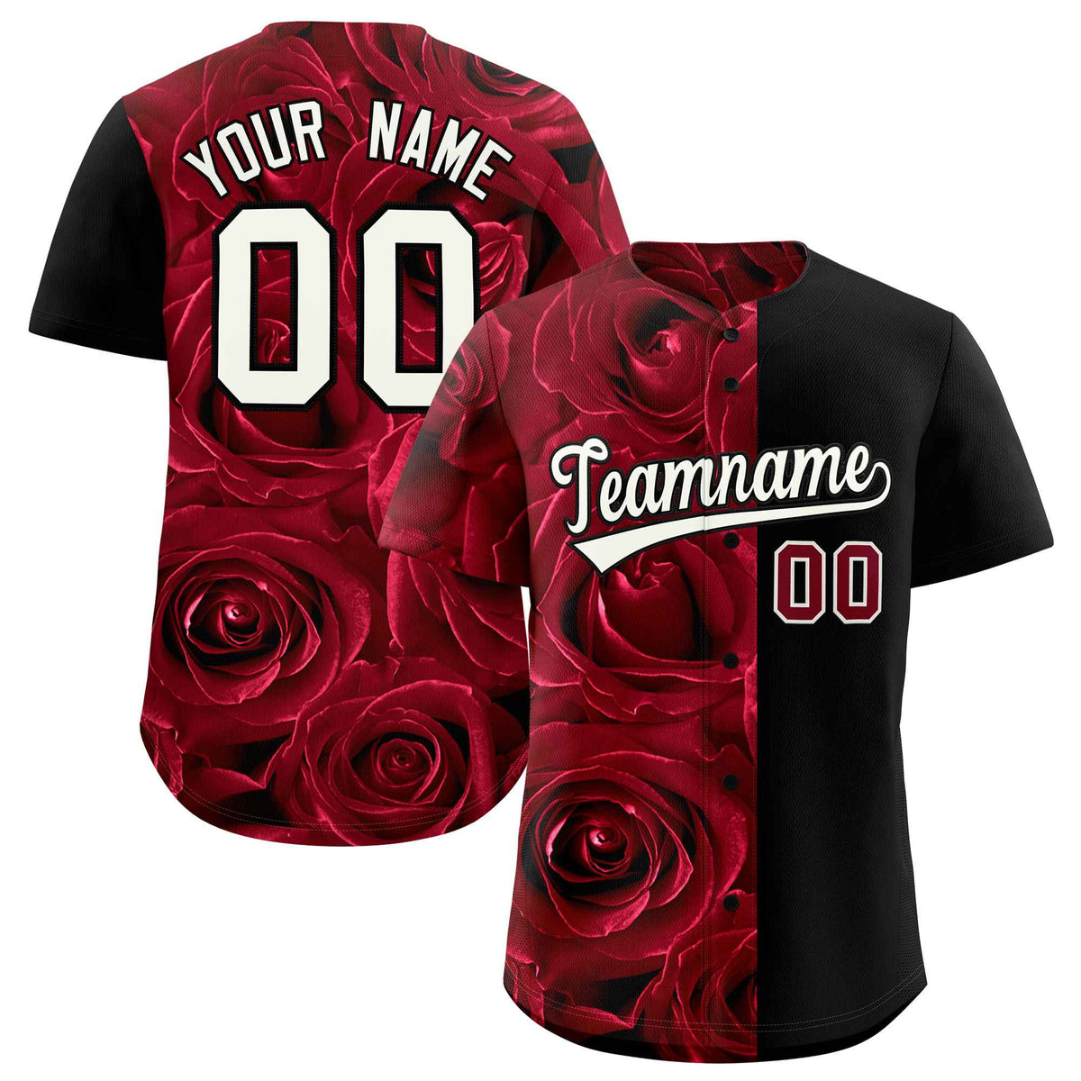 Custom Crimson Black Split Rose Print Authentic Baseball Jersey| KXKSHOP