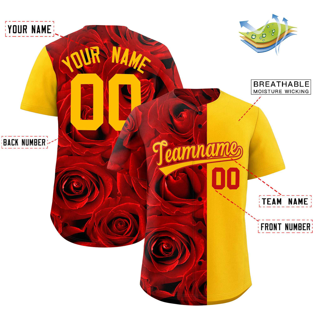 Custom Red Yellow Split Rose Print Authentic Baseball Jersey| KXKSHOP