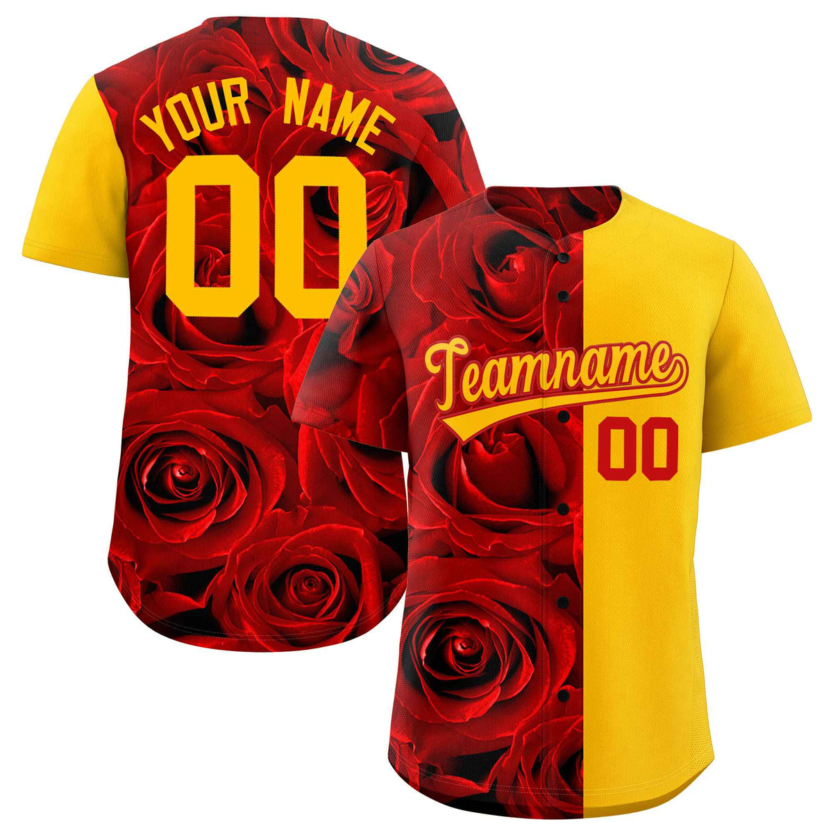 Custom Red Yellow Split Rose Print Authentic Baseball Jersey| KXKSHOP