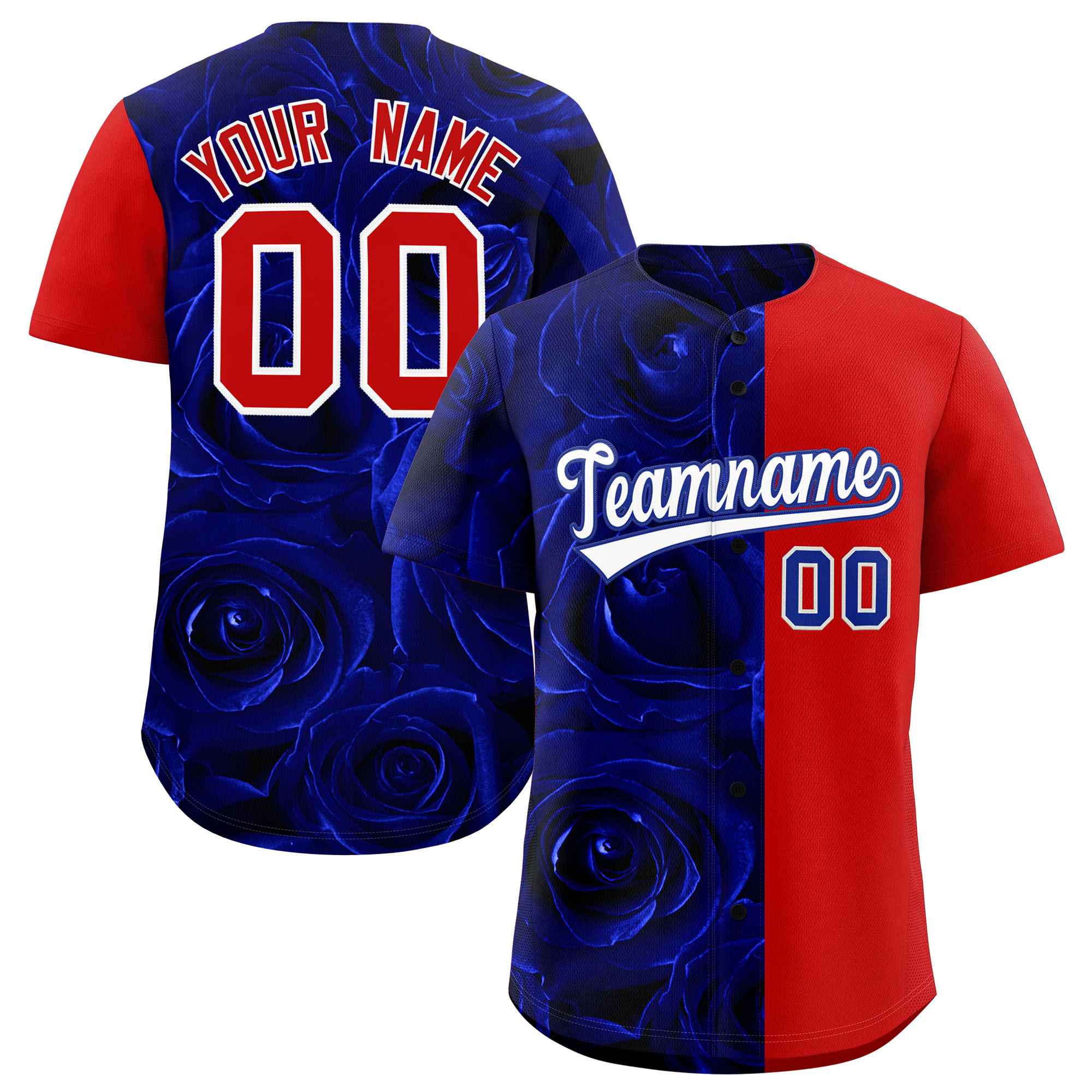 Custom Royal Red Split Rose Print Authentic Baseball Jersey| KXKSHOP