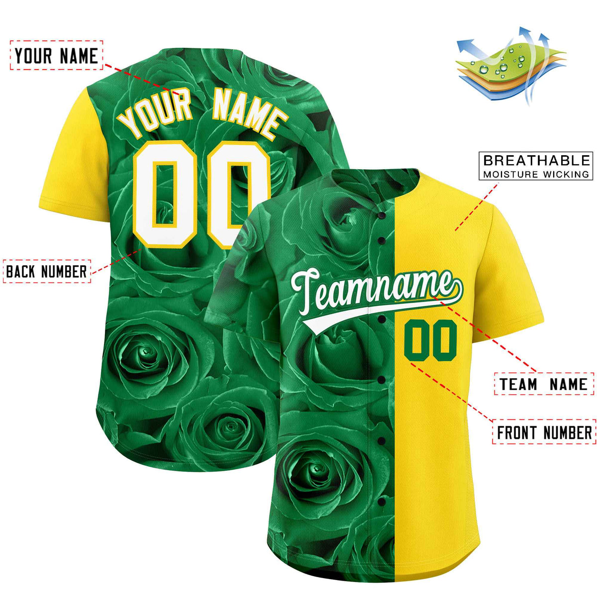 Custom Kelly Green Gold Split Rose Print Authentic Baseball Jersey| KXKSHOP