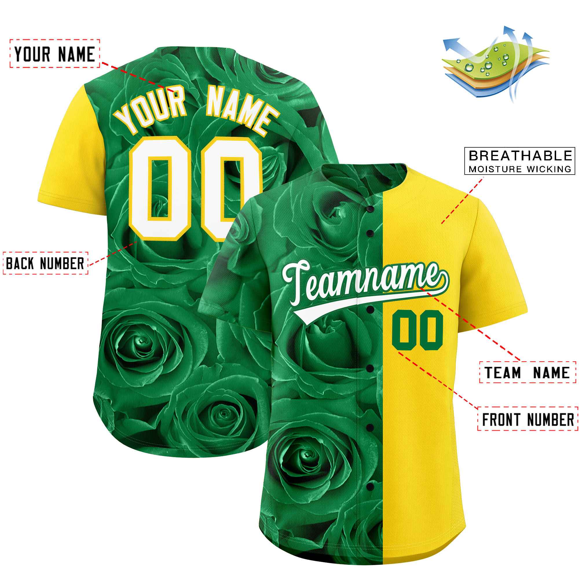 Custom Kelly Green Gold Split Rose Print Authentic Baseball Jersey| KXKSHOP