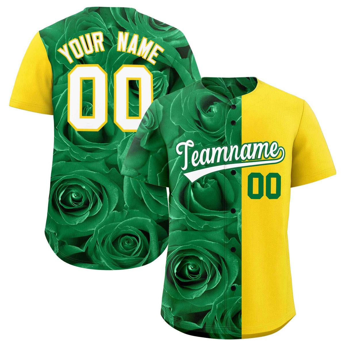 Custom Kelly Green Gold Split Rose Print Authentic Baseball Jersey| KXKSHOP